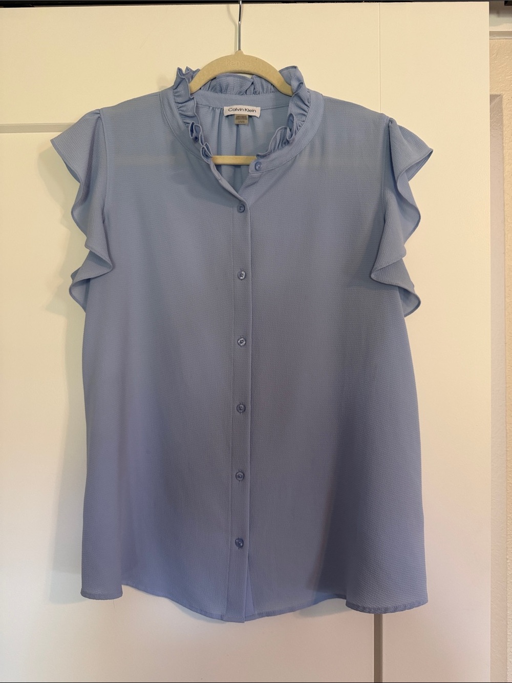 Calvin Klein Soft Blue Ruffle Cap-Sleeve Button Blouse
